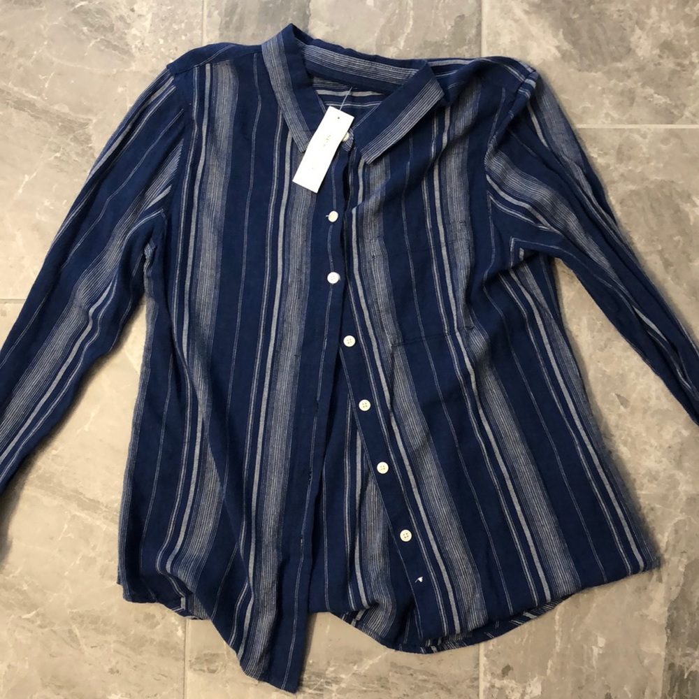 Long sleeved blue and white striped blouse